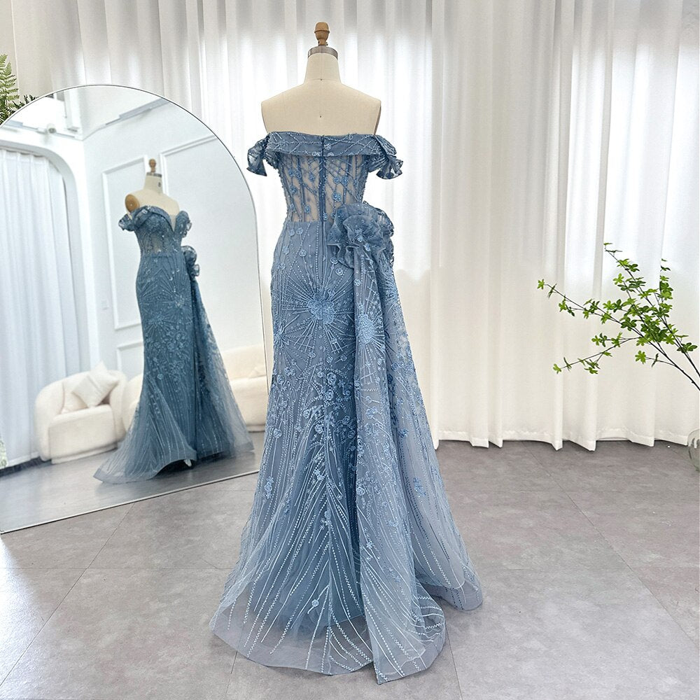 Dreamy Vow Luxury Dubai 3D Flowers Mermaid Blue Evening Dresses With Overskirt Elegant Plus Size Woman Wedding Party Gown 156