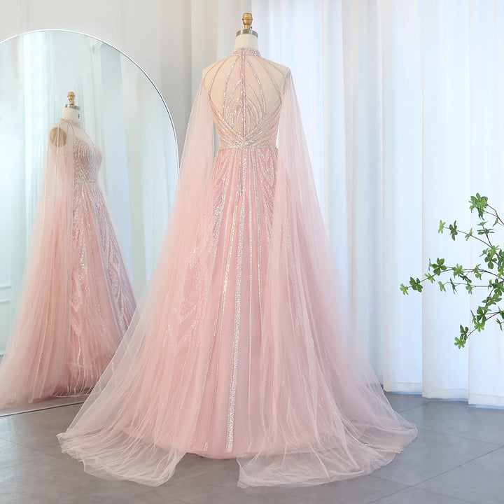 Dreamy Vow Luxury Dubai A-line Blue Evening Dress with Cape Sleeves Elegant Pink Yellow Plus Size for Women Wedding Party SS090-DreamyVow