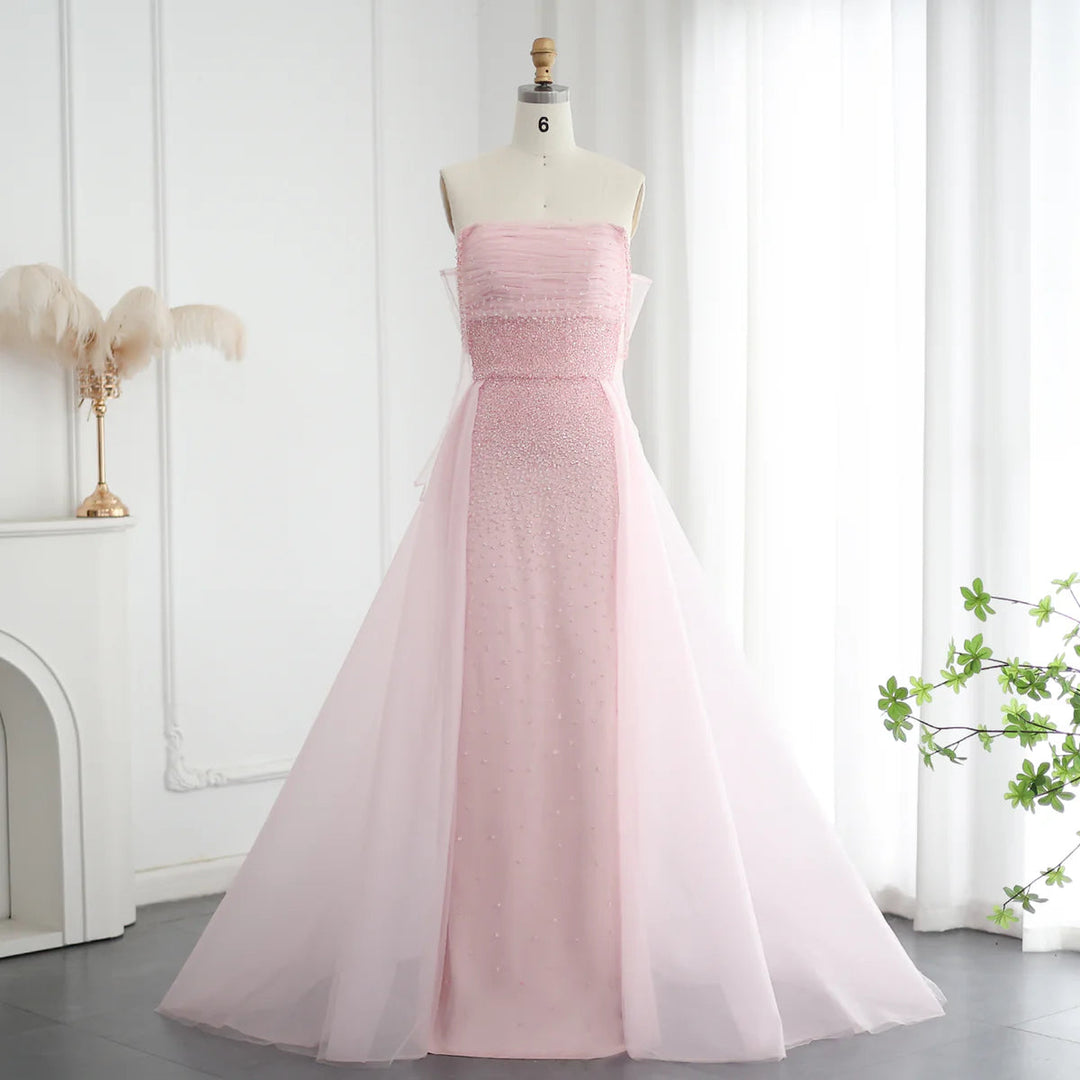 Dreamy Vow Luxury Dubai Beaded Pink Evening Dress with Overskirt Gloves Elegant Women Arabic Wedding Formal Party Gown SS429-DreamyVow