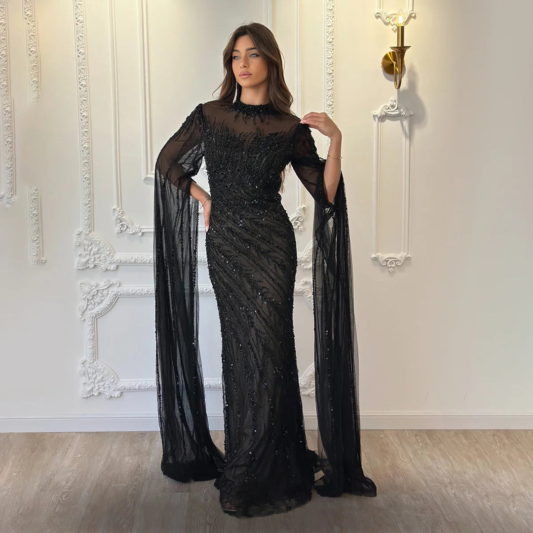 Dreamy Vow Luxury Dubai Black Nude Mermaid Evening Dresses with Cape Sleeves High Neck Women Weddig Party Formal Gowns SS162-DreamyVow