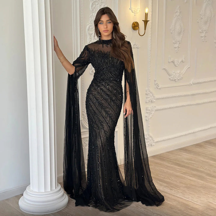 Dreamy Vow Luxury Dubai Black Nude Mermaid Evening Dresses with Cape Sleeves High Neck Women Weddig Party Formal Gowns SS162-DreamyVow