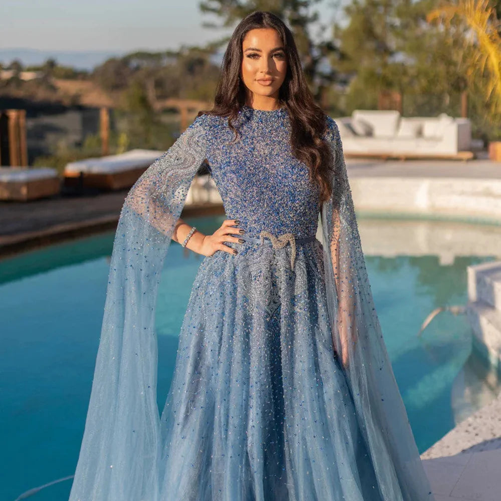 Dreamy Vow Luxury Dubai Blue Arabic Evening Dress with Cape Sleeves Elegant High Neck Muslim Women Wedding Party Gowns SS451-DreamyVow