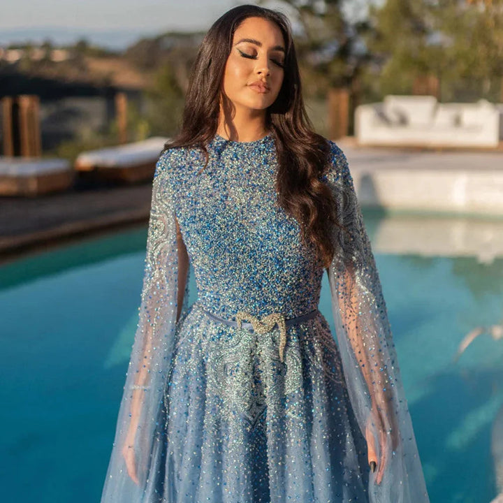 Dreamy Vow Luxury Dubai Blue Arabic Evening Dress with Cape Sleeves Elegant High Neck Muslim Women Wedding Party Gowns SS451-DreamyVow