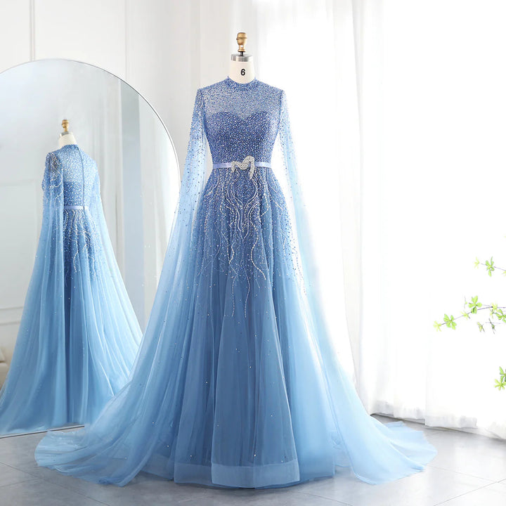 Dreamy Vow Luxury Dubai Blue Arabic Evening Dress with Cape Sleeves Elegant High Neck Muslim Women Wedding Party Gowns SS451-DreamyVow