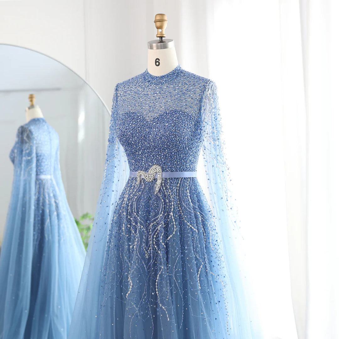 Dreamy Vow Luxury Dubai Blue Arabic Evening Dress with Cape Sleeves Elegant High Neck Muslim Women Wedding Party Gowns SS451-DreamyVow