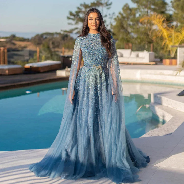 Dreamy Vow Luxury Dubai Blue Arabic Evening Dress with Cape Sleeves Elegant High Neck Muslim Women Wedding Party Gowns SS451-DreamyVow