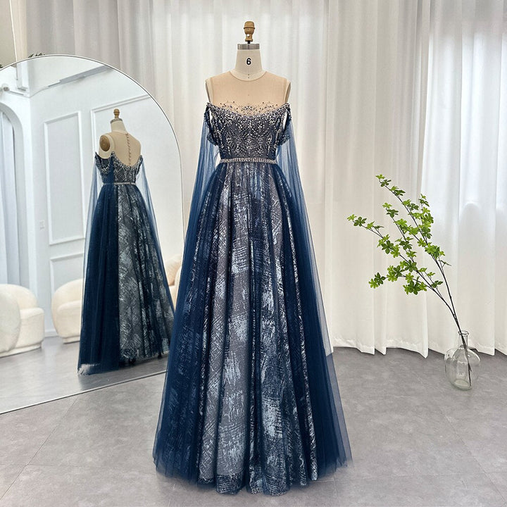 Dreamy Vow Luxury Dubai Blue Evening Dress with Cape Sleeves Elegant Arabic Women Prom Formal Dresses for Wedding Party SS300-DreamyVow