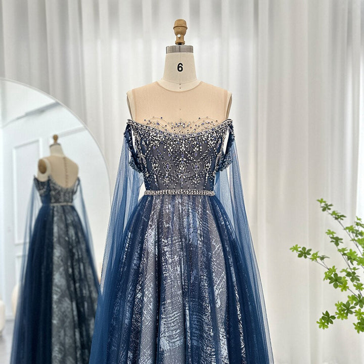 Dreamy Vow Luxury Dubai Blue Evening Dress with Cape Sleeves Elegant Arabic Women Prom Formal Dresses for Wedding Party SS300-DreamyVow