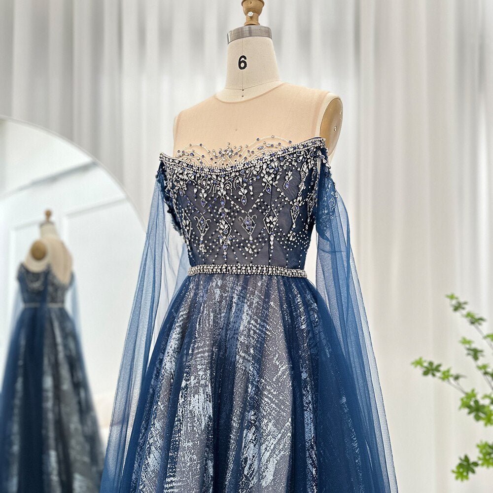 Dreamy Vow Luxury Dubai Blue Evening Dress with Cape Sleeves Elegant Arabic Women Prom Formal Dresses for Wedding Party SS300-DreamyVow