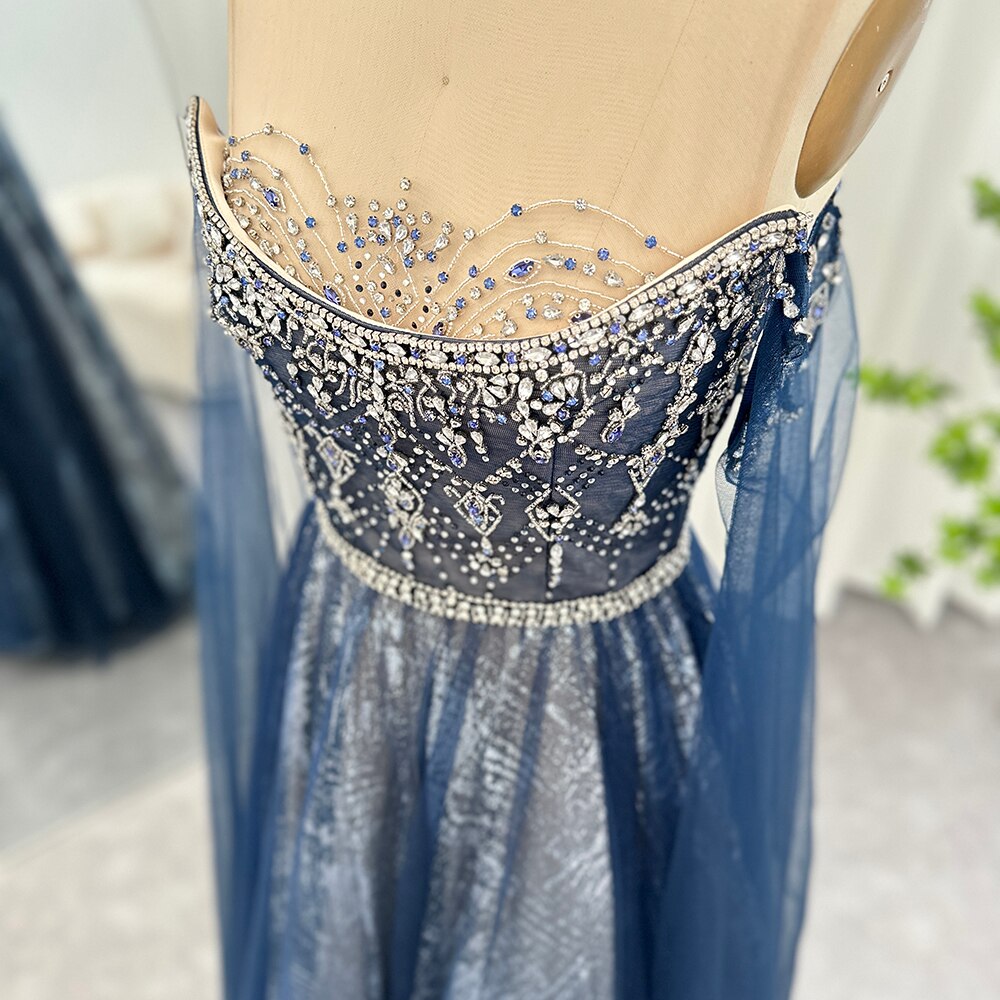 Dreamy Vow Luxury Dubai Blue Evening Dress with Cape Sleeves Elegant Arabic Women Prom Formal Dresses for Wedding Party SS300-DreamyVow