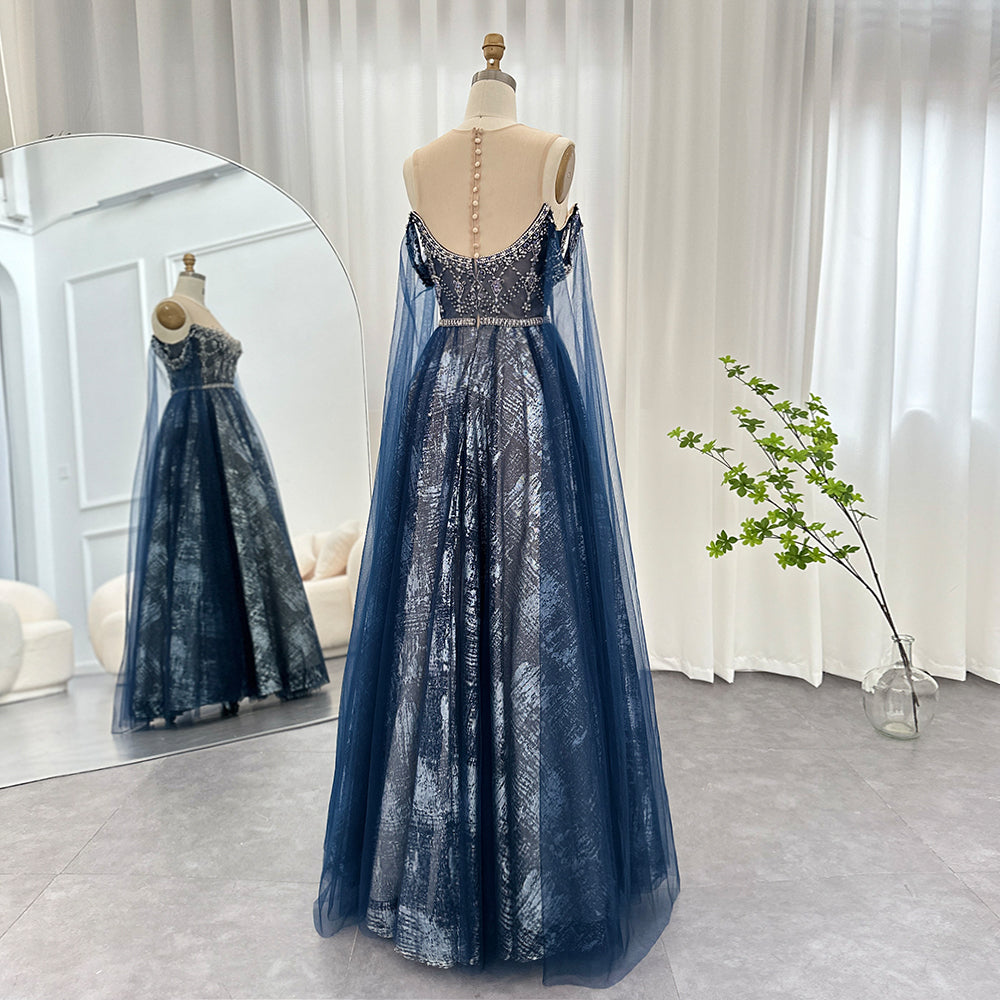 Dreamy Vow Luxury Dubai Blue Evening Dress with Cape Sleeves Elegant Arabic Women Prom Formal Dresses for Wedding Party SS300-DreamyVow