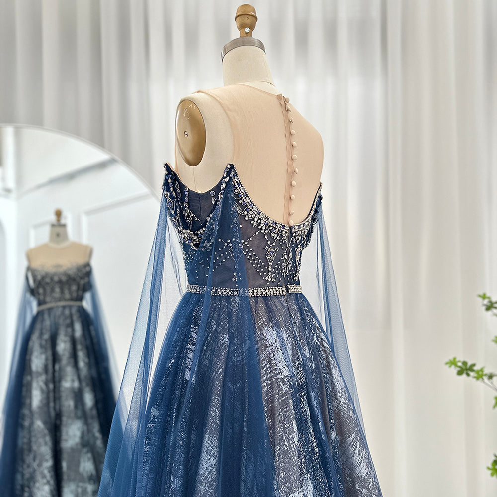 Dreamy Vow Luxury Dubai Blue Evening Dress with Cape Sleeves Elegant Arabic Women Prom Formal Dresses for Wedding Party SS300-DreamyVow