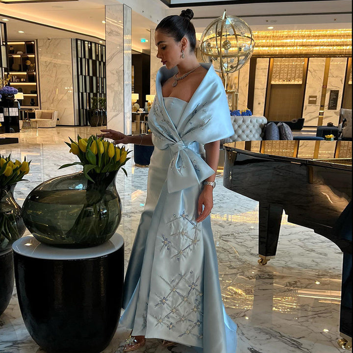 Dreamy VowLuxury Dubai Blue Mermaid Arabic Evening Dresses with Cape Shawl Beaded Elegant Women Wedding Guest Party Gown 333