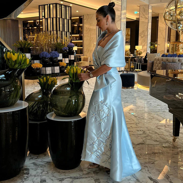 Dreamy VowLuxury Dubai Blue Mermaid Arabic Evening Dresses with Cape Shawl Beaded Elegant Women Wedding Guest Party Gown 333