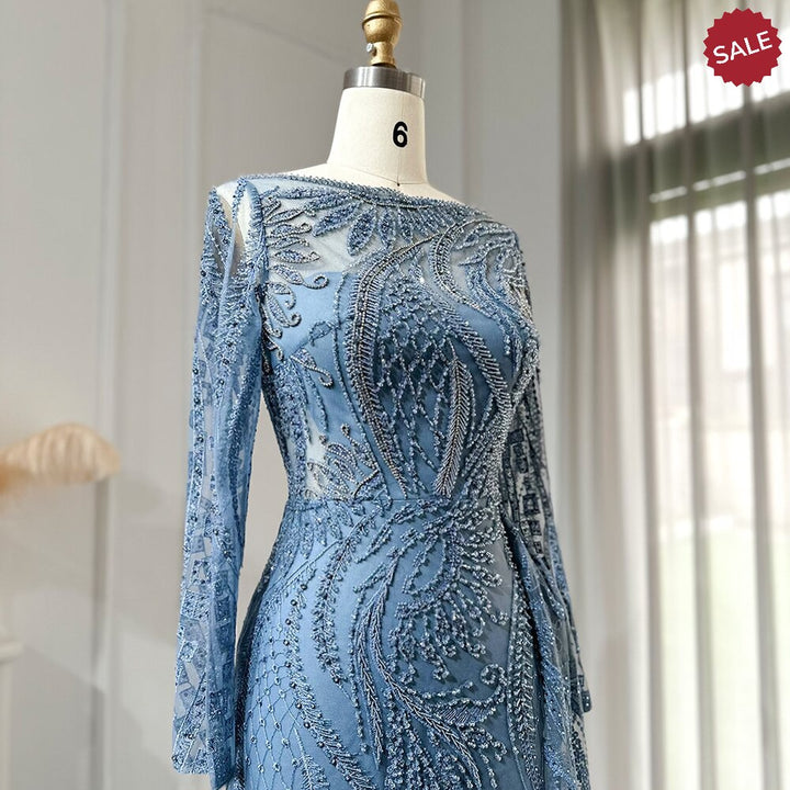 Dreamy Vow Luxury Dubai Blue Mermaid Muslim Evening Dress Overskirt Long Sleeve Plus Size Women Wedding Guest Party Gowns 141