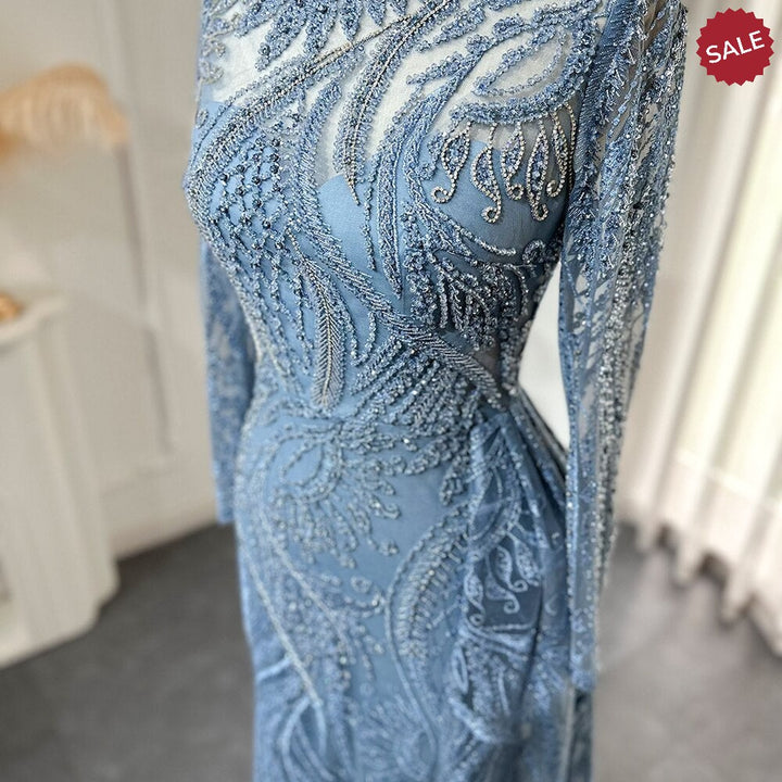 Dreamy Vow Luxury Dubai Blue Mermaid Muslim Evening Dress Overskirt Long Sleeve Plus Size Women Wedding Guest Party Gowns 141