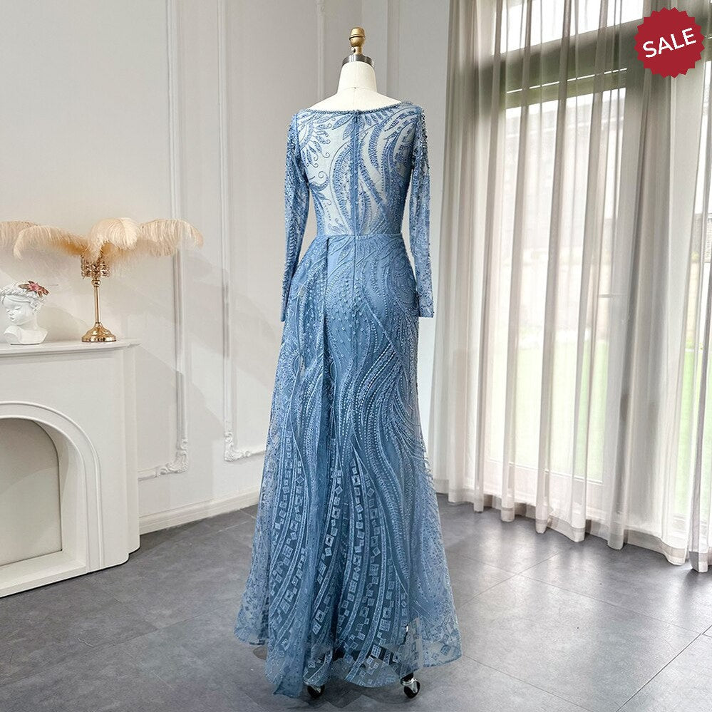 Dreamy Vow Luxury Dubai Blue Mermaid Muslim Evening Dress Overskirt Long Sleeve Plus Size Women Wedding Guest Party Gowns 141