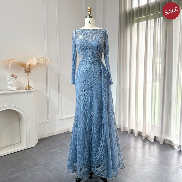 Dreamy Vow Luxury Dubai Blue Mermaid Muslim Evening Dress Overskirt Long Sleeve Plus Size Women Wedding Guest Party Gowns 141