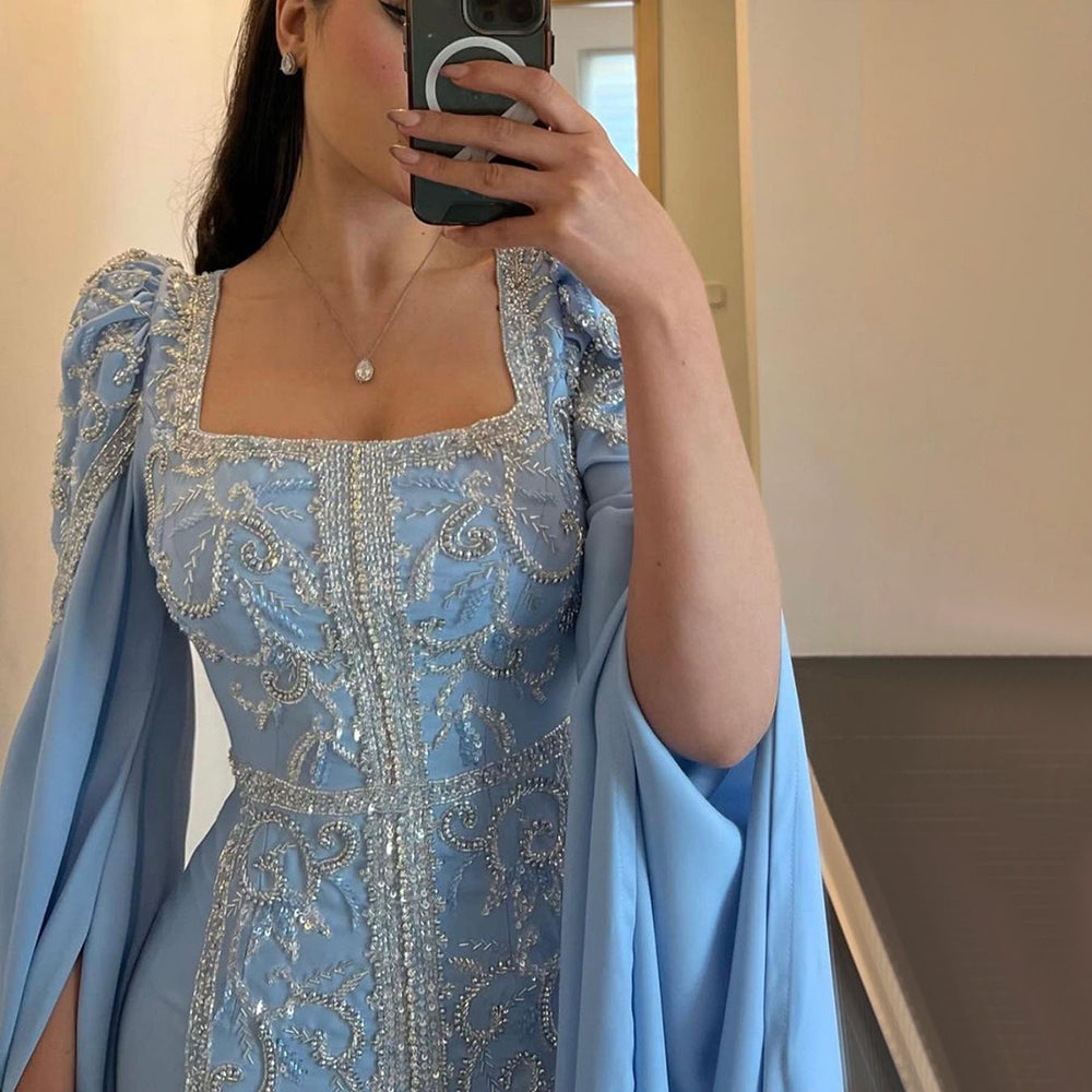 Dreamy Vow Luxury Dubai Blue Mermaid Muslim Evening Dresses with Cape Sleeves Arabic Women Wedding Engagement Party Gowns 365