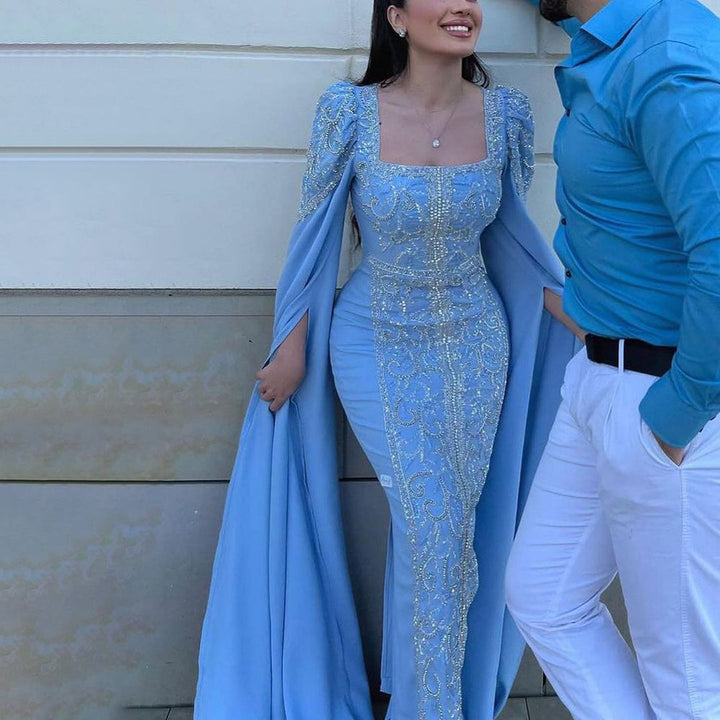 Dreamy Vow Luxury Dubai Blue Mermaid Muslim Evening Dresses with Cape Sleeves Arabic Women Wedding Engagement Party Gowns 365