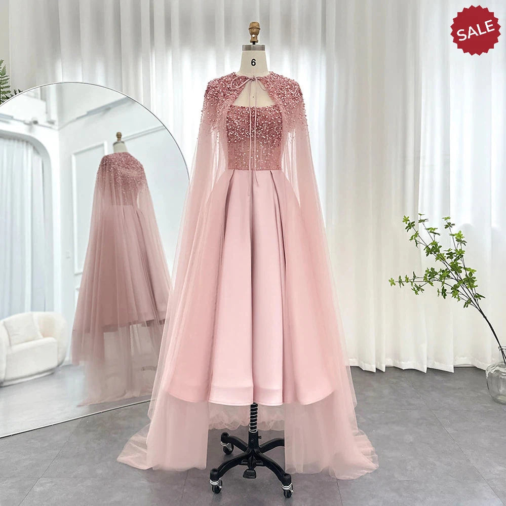 Dreamy Vow Luxury Dubai Blush Pink Arabic Evening Dress with Cape Ankle Length Short Midi Women Wedding Party Dress SS392-DreamyVow