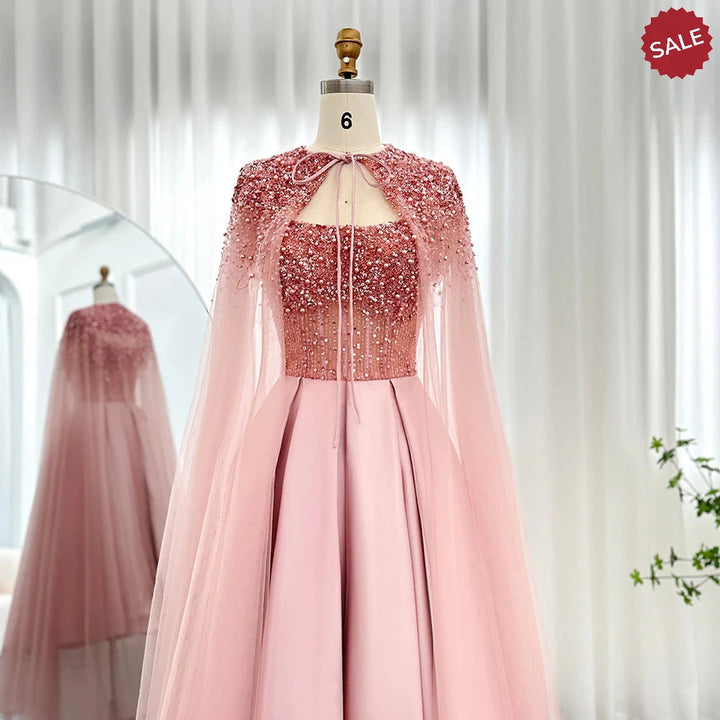 Dreamy Vow Luxury Dubai Blush Pink Arabic Evening Dress with Cape Ankle Length Short Midi Women Wedding Party Dress SS392-DreamyVow