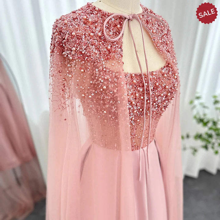 Dreamy Vow Luxury Dubai Blush Pink Arabic Evening Dress with Cape Ankle Length Short Midi Women Wedding Party Dress SS392-DreamyVow