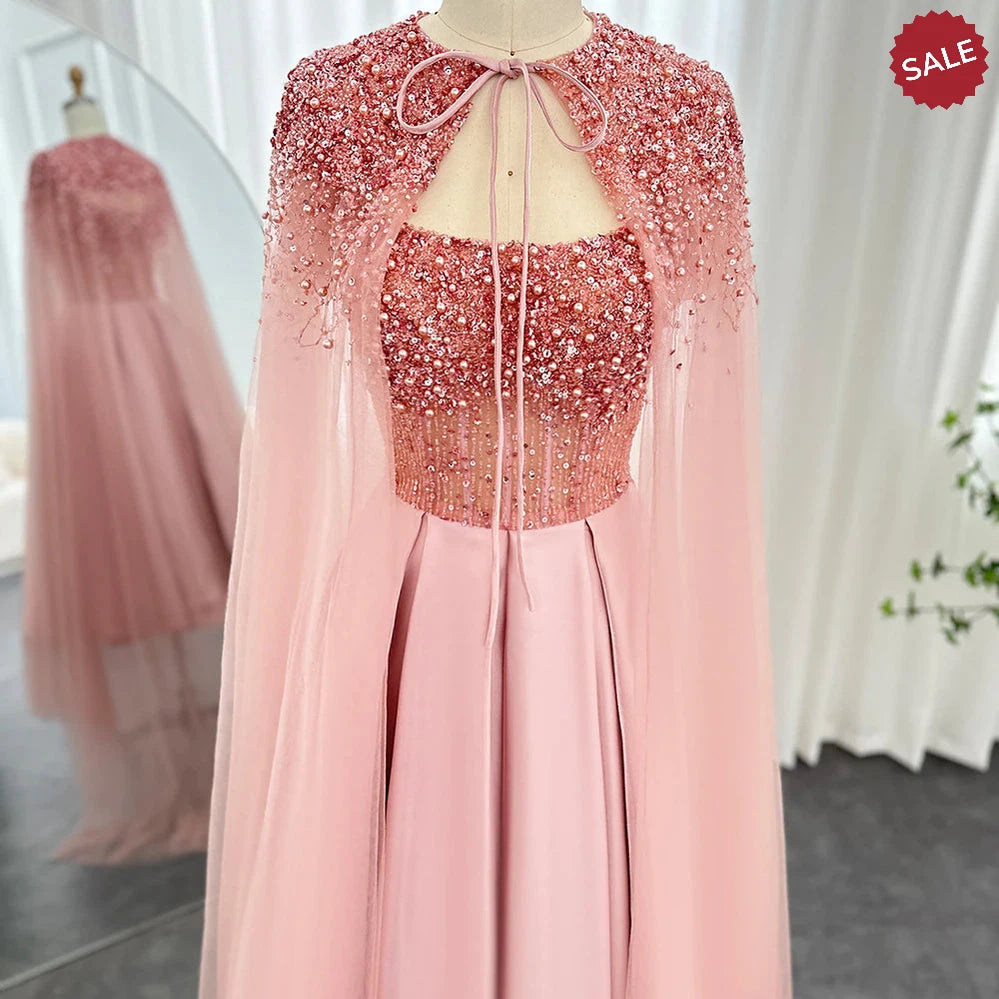 Dreamy Vow Luxury Dubai Blush Pink Arabic Evening Dress with Cape Ankle Length Short Midi Women Wedding Party Dress SS392-DreamyVow