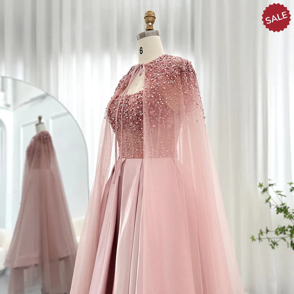 Dreamy Vow Luxury Dubai Blush Pink Arabic Evening Dress with Cape Ankle Length Short Midi Women Wedding Party Dress SS392-DreamyVow