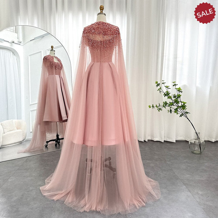 Dreamy Vow Luxury Dubai Blush Pink Arabic Evening Dress with Cape Ankle Length Short Midi Women Wedding Party Dress SS392-DreamyVow