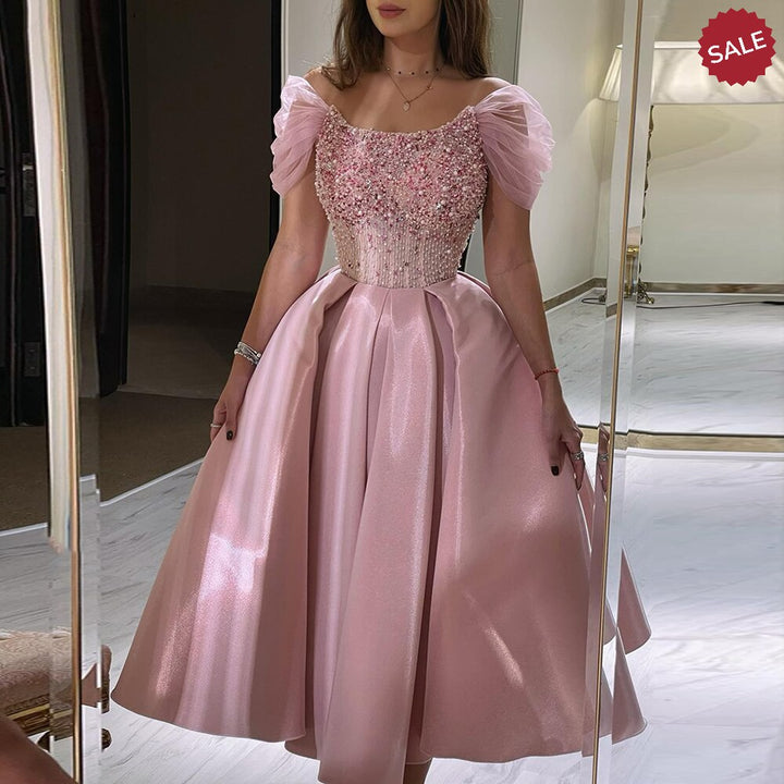 Dreamy Vow Luxury Dubai Blush Pink Arabic Evening Dress with Cape Ankle Length Short Midi Women Wedding Party Dress SS392-DreamyVow