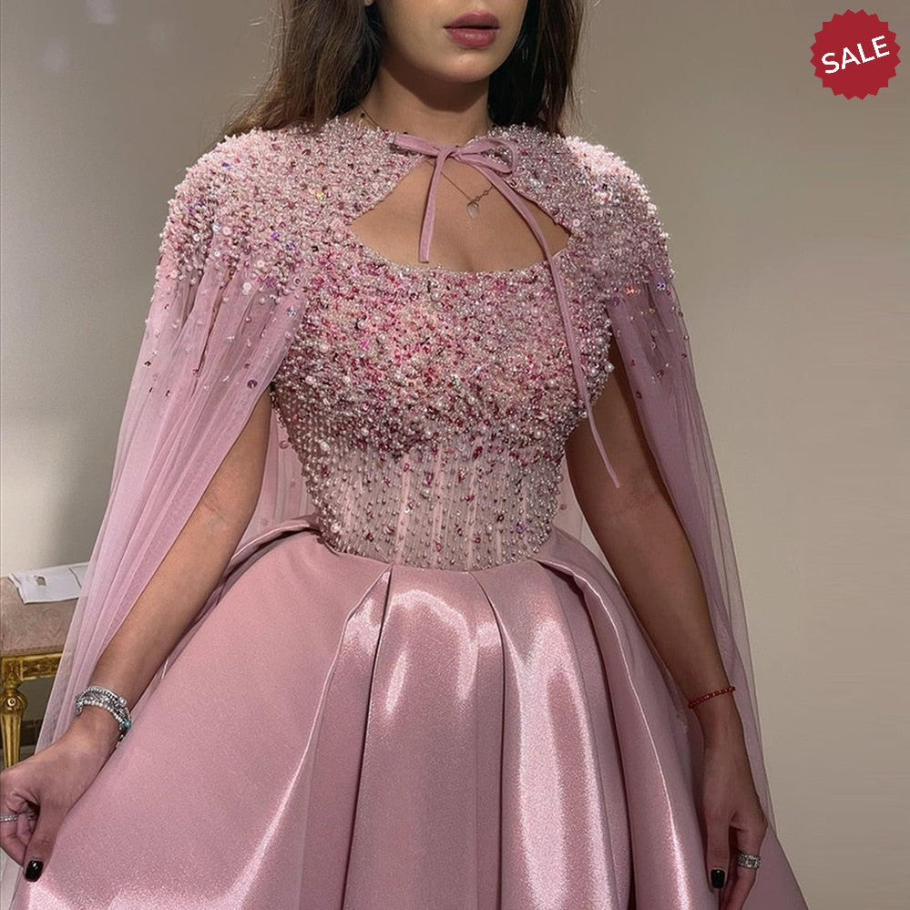 Dreamy Vow Luxury Dubai Blush Pink Arabic Evening Dress with Cape Ankle Length Short Midi Women Wedding Party Dress SS392-DreamyVow