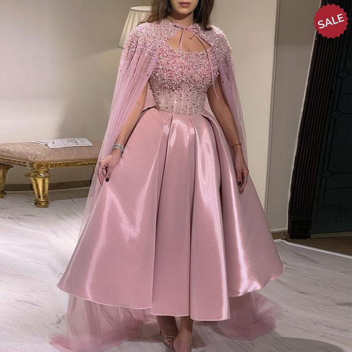 Dreamy Vow Luxury Dubai Blush Pink Arabic Evening Dress with Cape Ankle Length Short Midi Women Wedding Party Dress SS392-DreamyVow