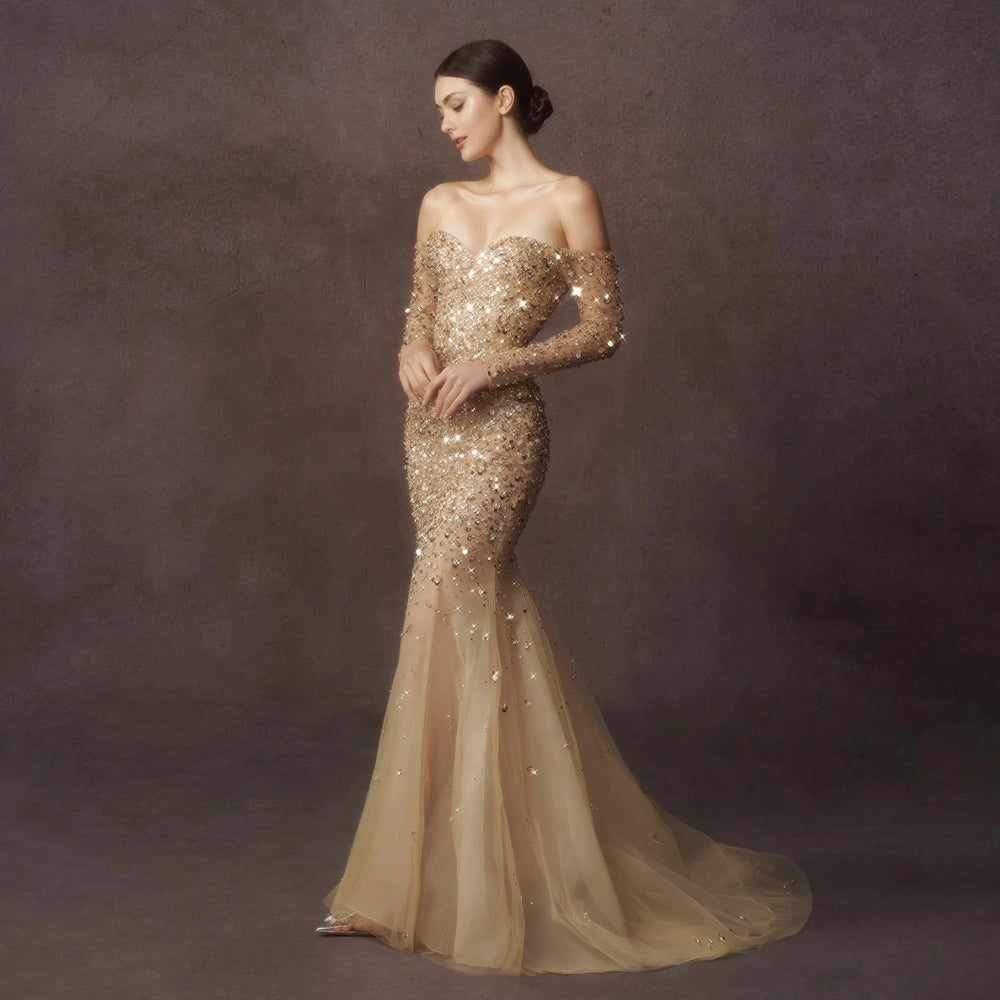 Dreamy Vow Luxury Dubai Champagne Gold Mermaid Evening Dress with Detachable Overskirt Off Shoulder Arabic Wedding Party SS410-DreamyVow