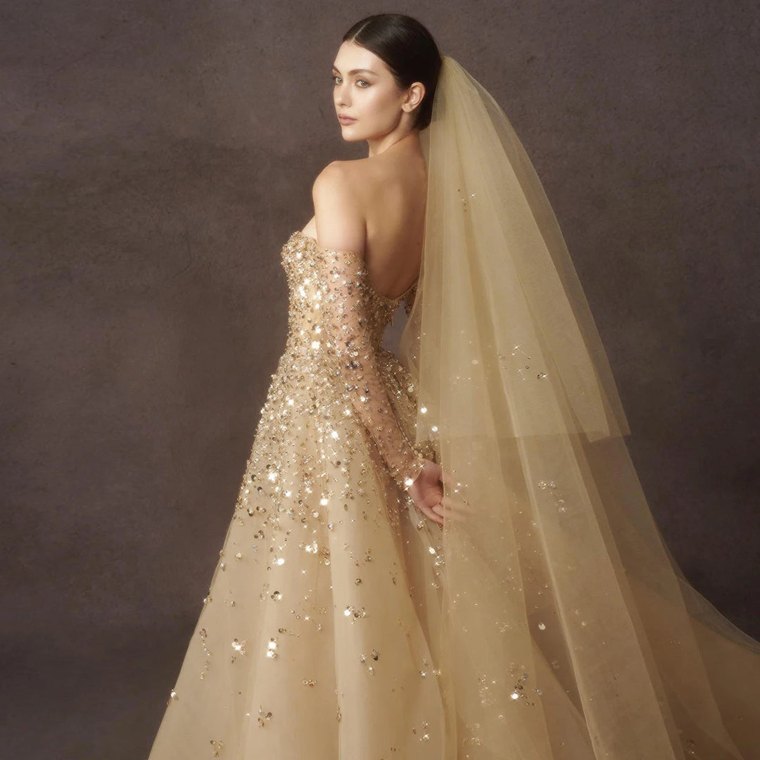 Dreamy Vow Luxury Dubai Champagne Gold Mermaid Evening Dress with Detachable Overskirt Off Shoulder Arabic Wedding Party SS410-DreamyVow