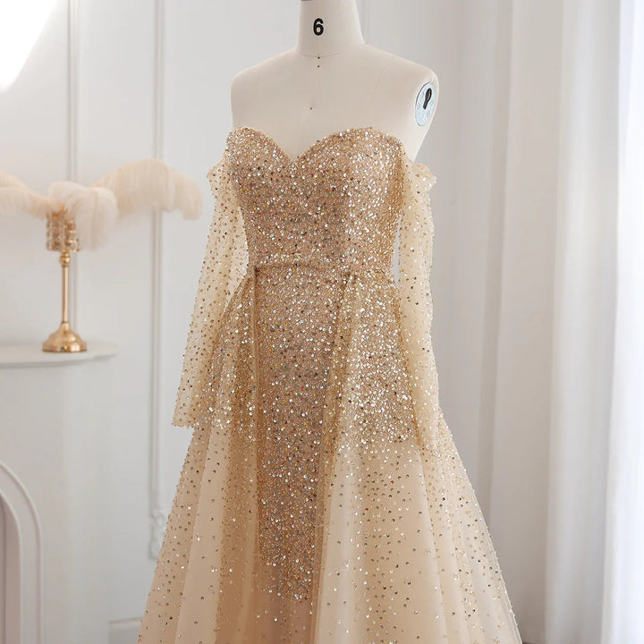 Dreamy Vow Luxury Dubai Champagne Gold Mermaid Evening Dress with Detachable Overskirt Off Shoulder Arabic Wedding Party SS410-DreamyVow