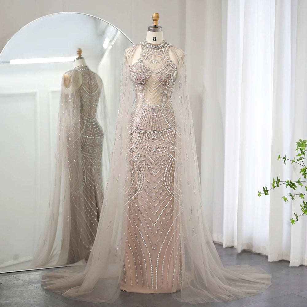 Dreamy Vow Luxury Dubai Champagne Mermaid Evening Dresses with Cape Sleeves Elegant High Neck Wedding Formal Party Gowns SS230-DreamyVow