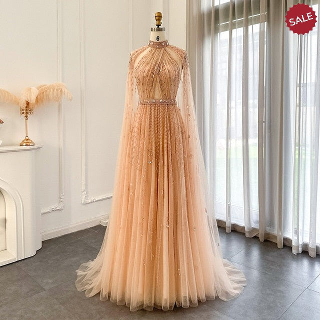 Dreamy Vow Luxury Dubai Evening Dress with Cape Sleeve 2023 Elegant Long Arabic Formal Dresses for Women Wedding Party SS495-DreamyVow