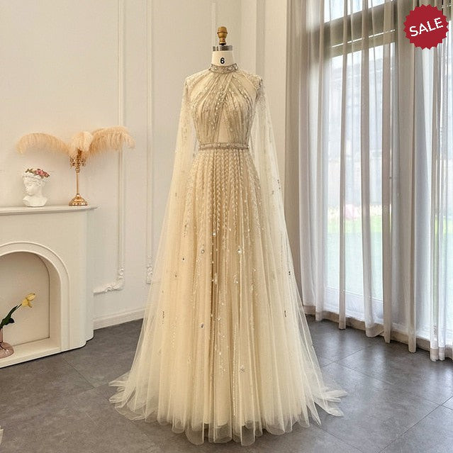 Dreamy Vow Luxury Dubai Evening Dress with Cape Sleeve 2023 Elegant Long Arabic Formal Dresses for Women Wedding Party SS495-DreamyVow