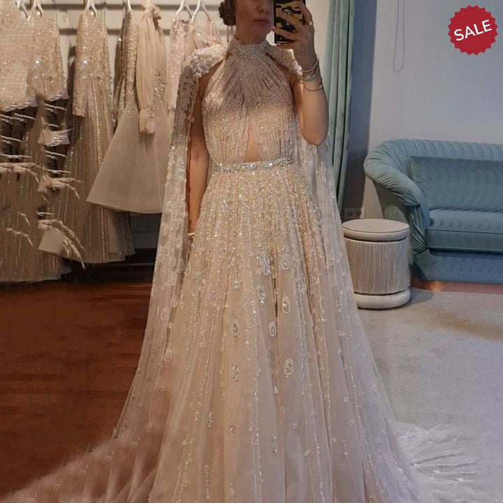 Dreamy Vow Luxury Dubai Evening Dress with Cape Sleeve 2023 Elegant Long Arabic Formal Dresses for Women Wedding Party SS495-DreamyVow