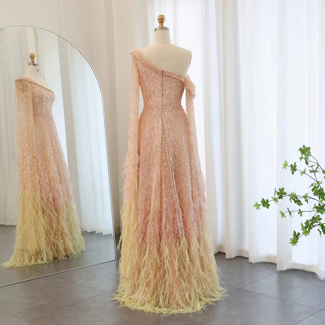 Dreamy Vow Luxury Dubai Feather One Shoulder Evening Dresses with Cape Sleeves Rose Gold Lilac Women Wedding Party Gowns SS438-DreamyVow