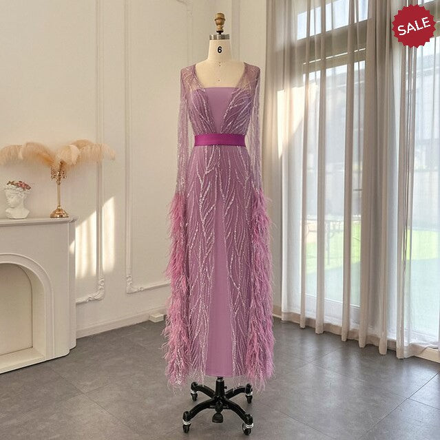 DreamyVow Luxury Dubai Feathers Light Yellow Evening Dresses with Cape Sleeves Arabic Purple Women Wedding Party Gowns 420