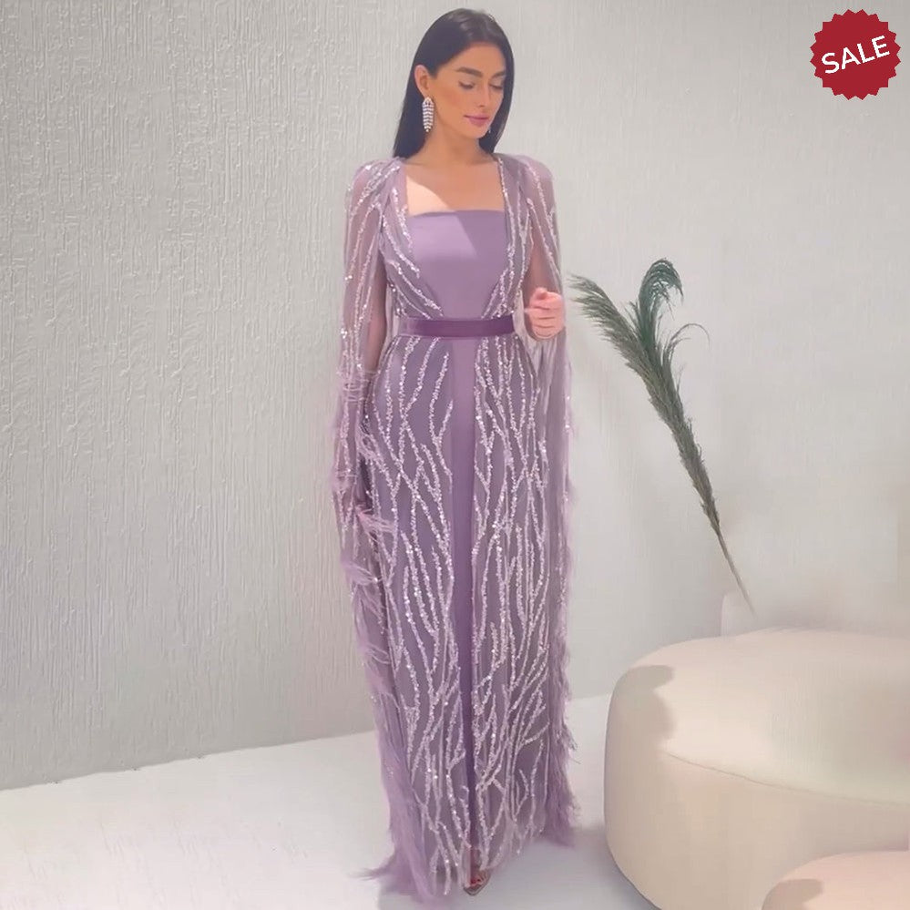 DreamyVow Luxury Dubai Feathers Light Yellow Evening Dresses with Cape Sleeves Arabic Purple Women Wedding Party Gowns 420