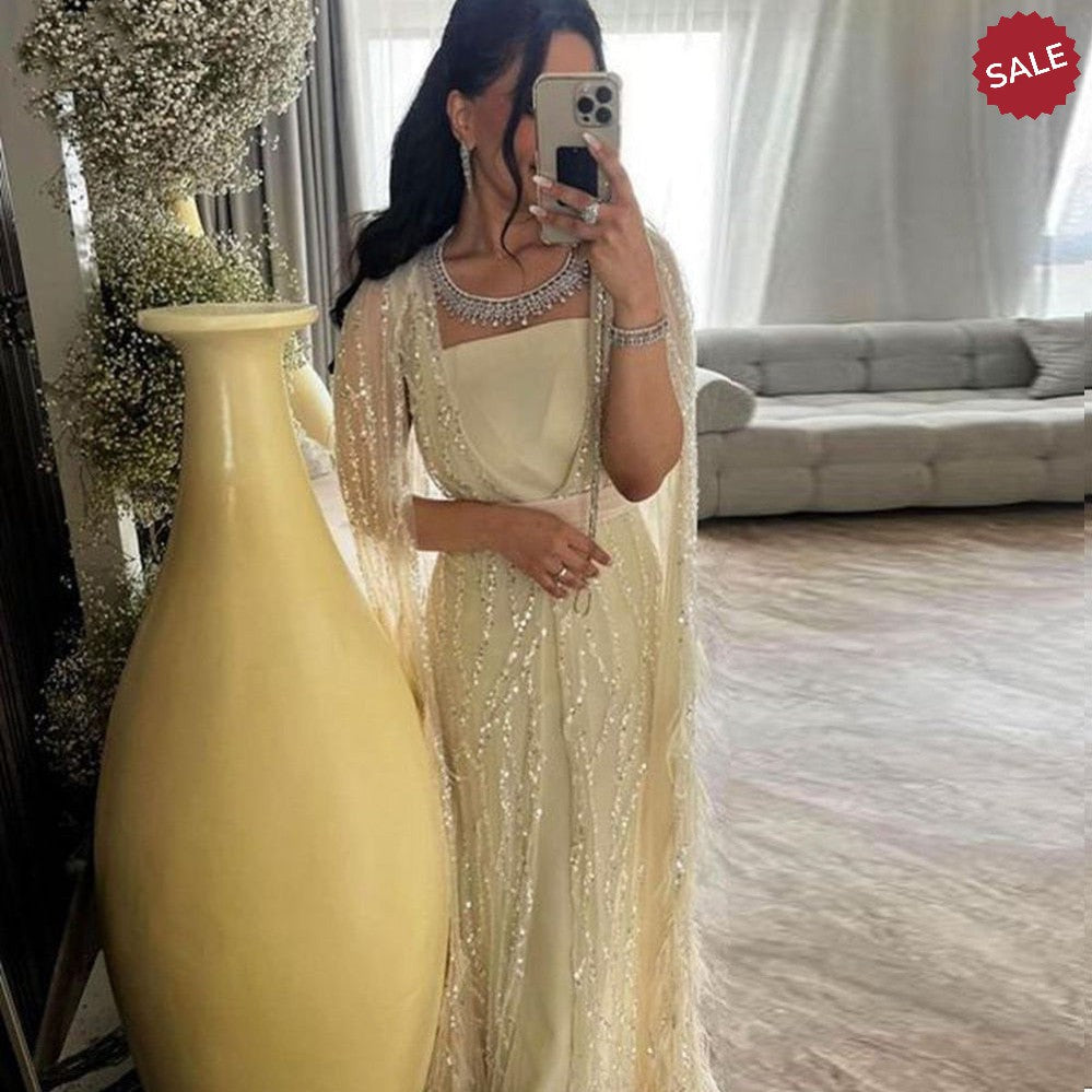 DreamyVow Luxury Dubai Feathers Light Yellow Evening Dresses with Cape Sleeves Arabic Purple Women Wedding Party Gowns 420