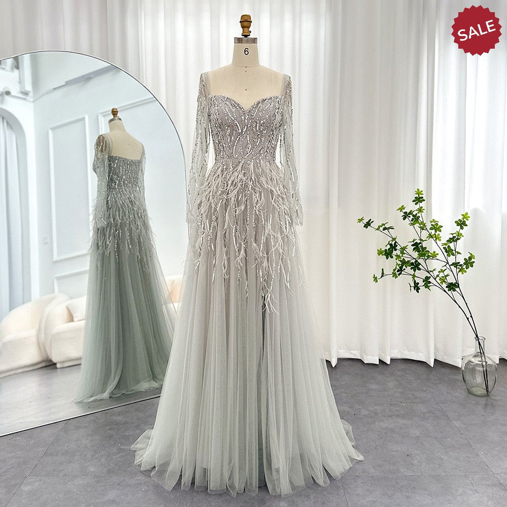 Dreamy Vow Luxury Dubai Feathers Lilac Evening Dresses for Women Wedding Elegant Emerald Green Arabic Formal Party Gowns 351