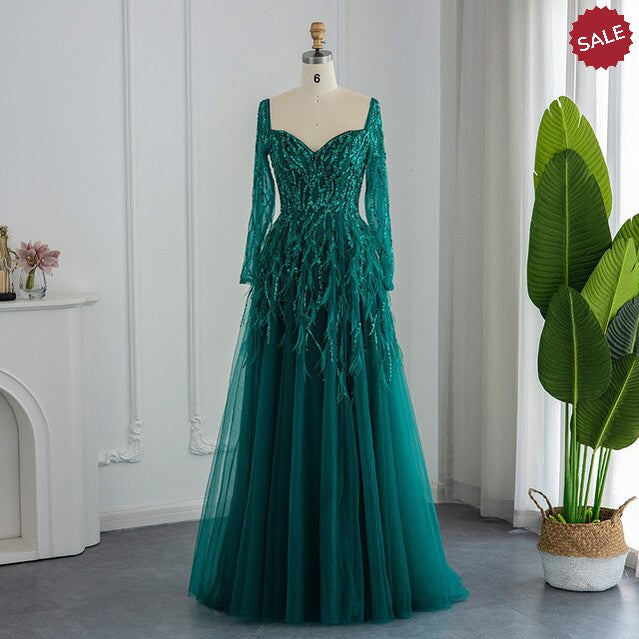 Dreamy Vow Luxury Dubai Feathers Lilac Evening Dresses for Women Wedding Elegant Emerald Green Arabic Formal Party Gowns 351