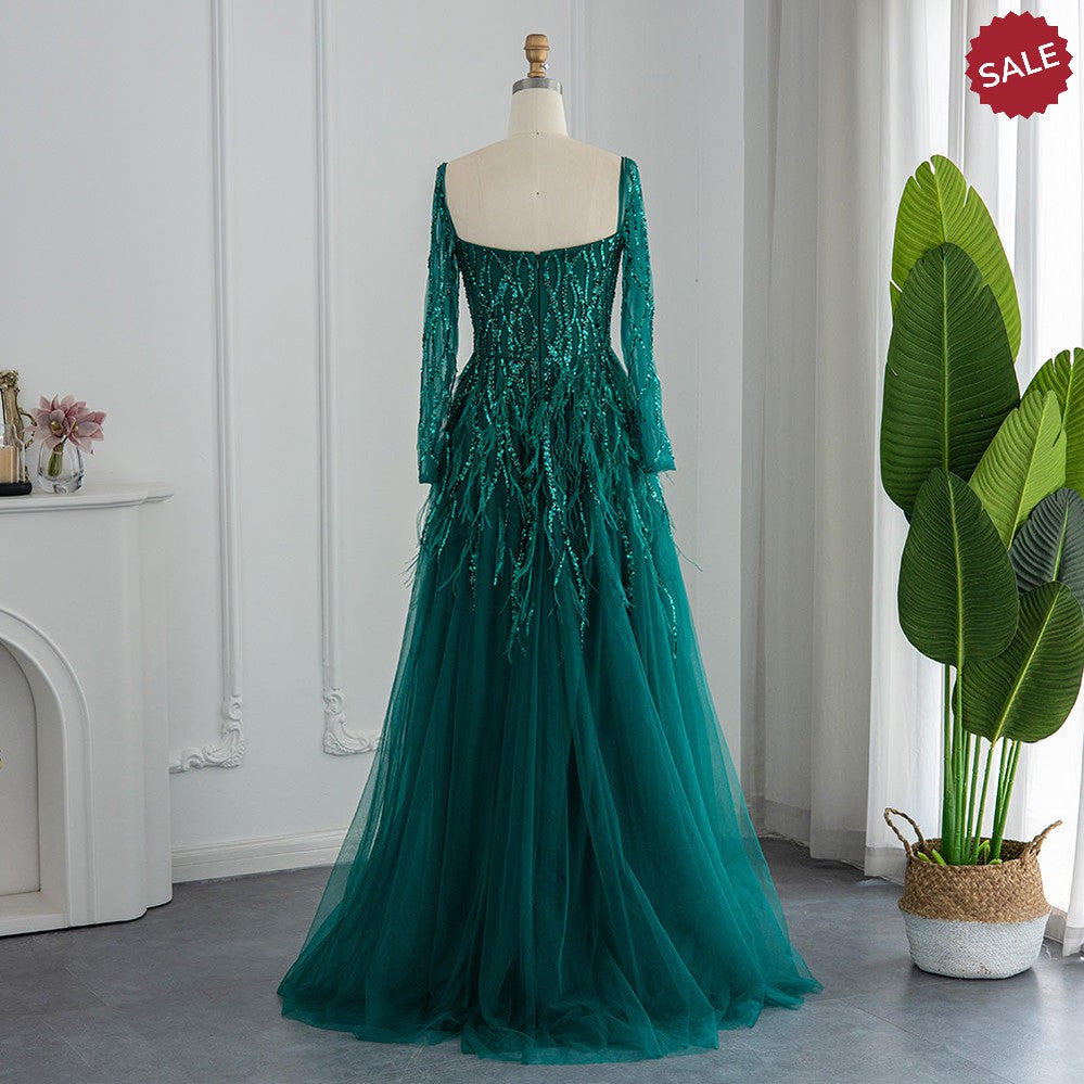 Dreamy Vow Luxury Dubai Feathers Lilac Evening Dresses for Women Wedding Elegant Emerald Green Arabic Formal Party Gowns 351