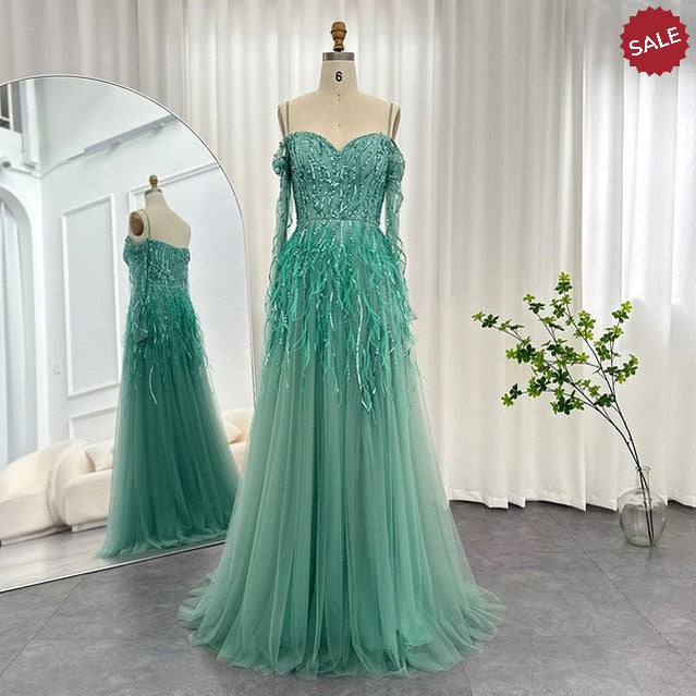 Dreamy Vow Luxury Dubai Feathers Lilac Evening Dresses for Women Wedding Elegant Emerald Green Arabic Formal Party Gowns 351