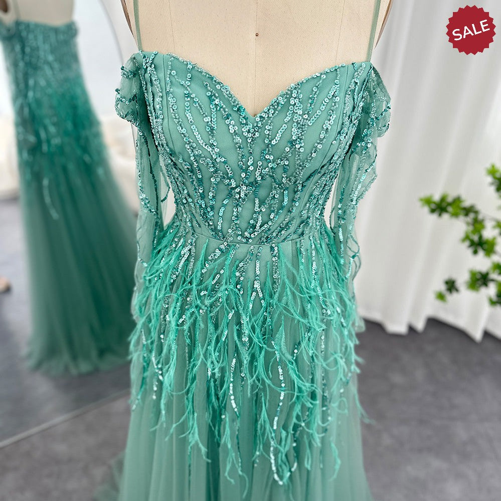 Dreamy Vow Luxury Dubai Feathers Lilac Evening Dresses for Women Wedding Elegant Emerald Green Arabic Formal Party Gowns 351