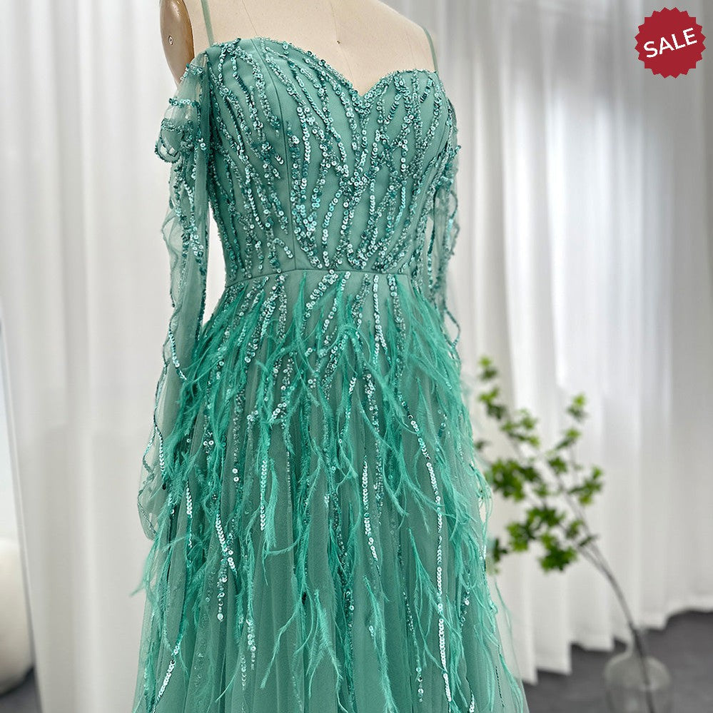 Dreamy Vow Luxury Dubai Feathers Lilac Evening Dresses for Women Wedding Elegant Emerald Green Arabic Formal Party Gowns 351